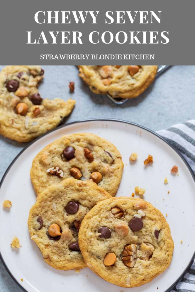 Chewy Seven Layer Cookies are stuffed full of chocolate and butterscotch chips, coconut and pecans.  They're super chewy and soft using a secret ingredient to make them the BEST cookie recipe!