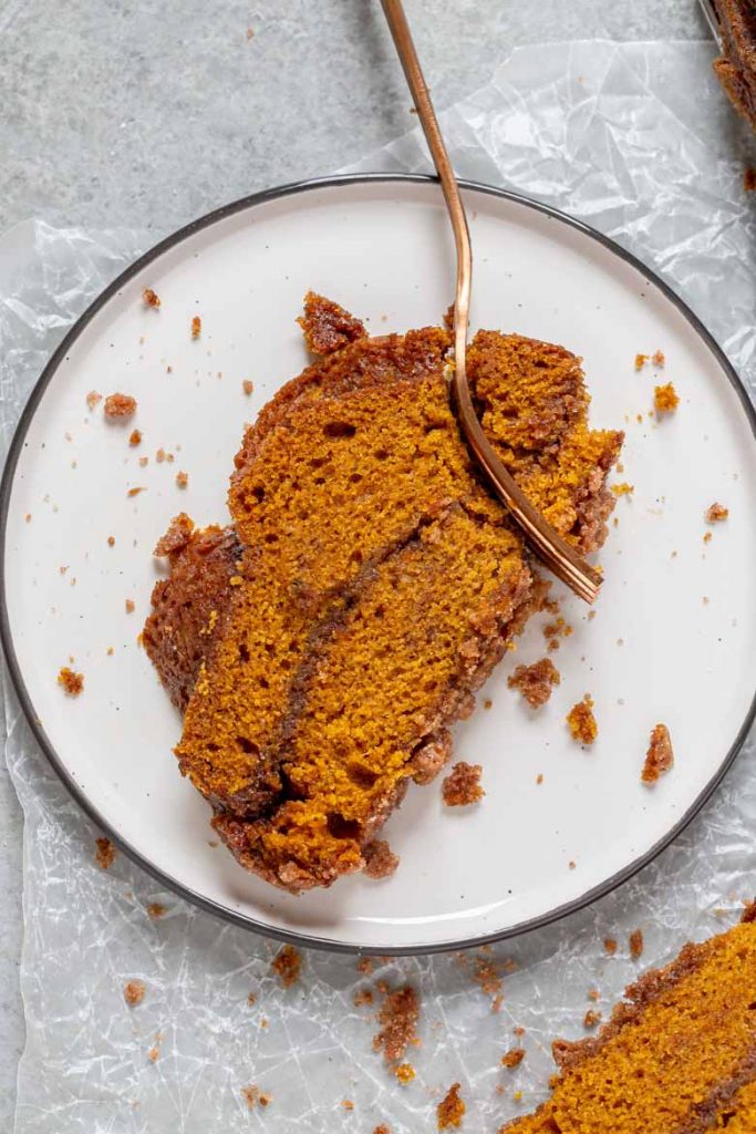 Slice of Snickerdoodle Pumpkin Bread on a plate