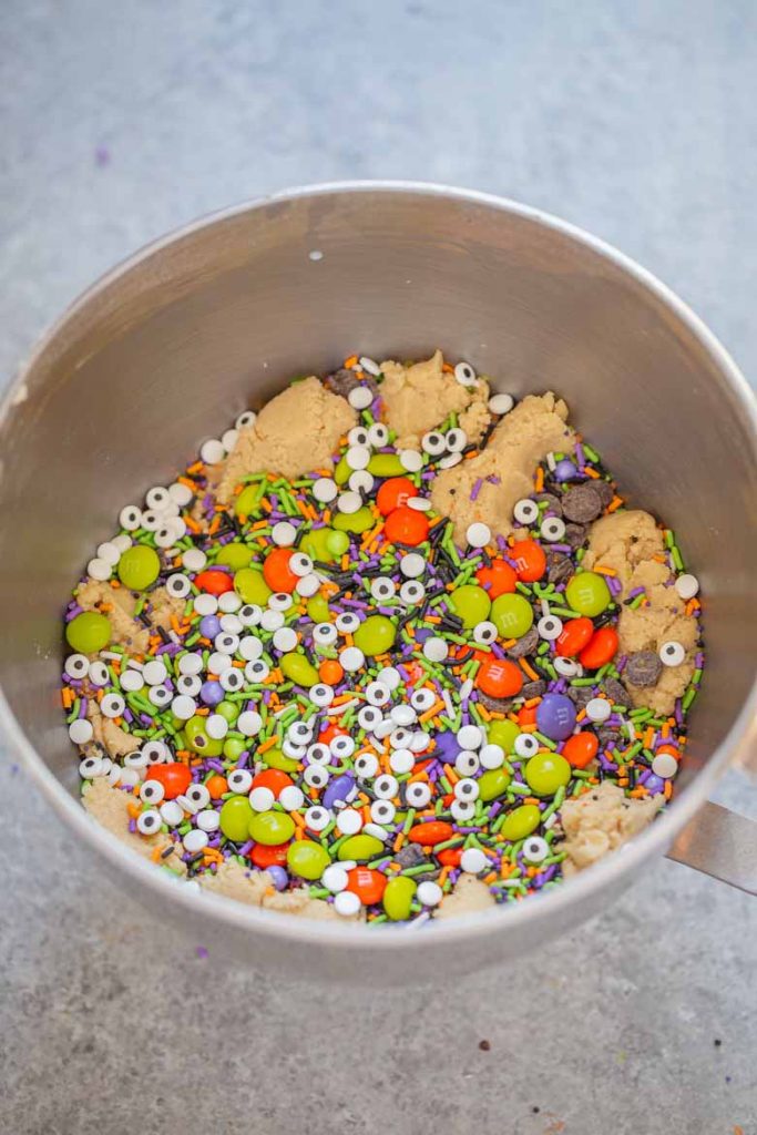 Bowl of edible cookie dough with M&M's, sprinkles and candy eyeballs