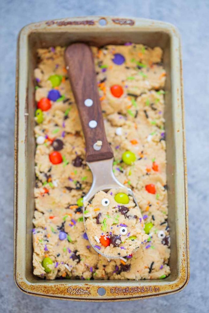 Monster Mash Halloween Edible Cookie Dough is egg free, packed with festive Halloween sprinkles and a spooky delicious way to enjoy dessert!