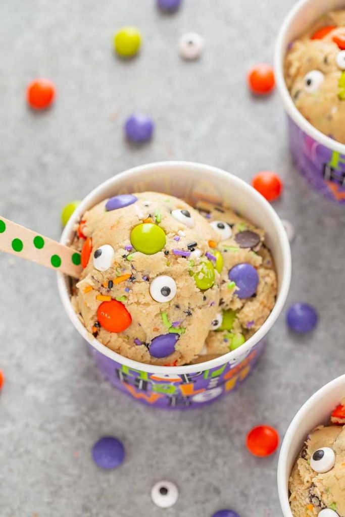 Monster Mash Halloween Edible Cookie Dough is egg free, packed with festive Halloween sprinkles and a spooky delicious way to enjoy dessert!