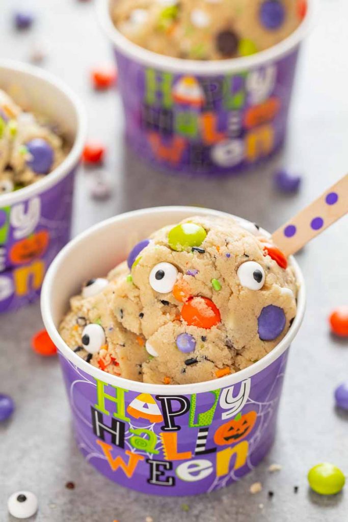 Monster Mash Halloween Edible Cookie Dough is egg free, packed with festive Halloween sprinkles and a spooky delicious way to enjoy dessert!