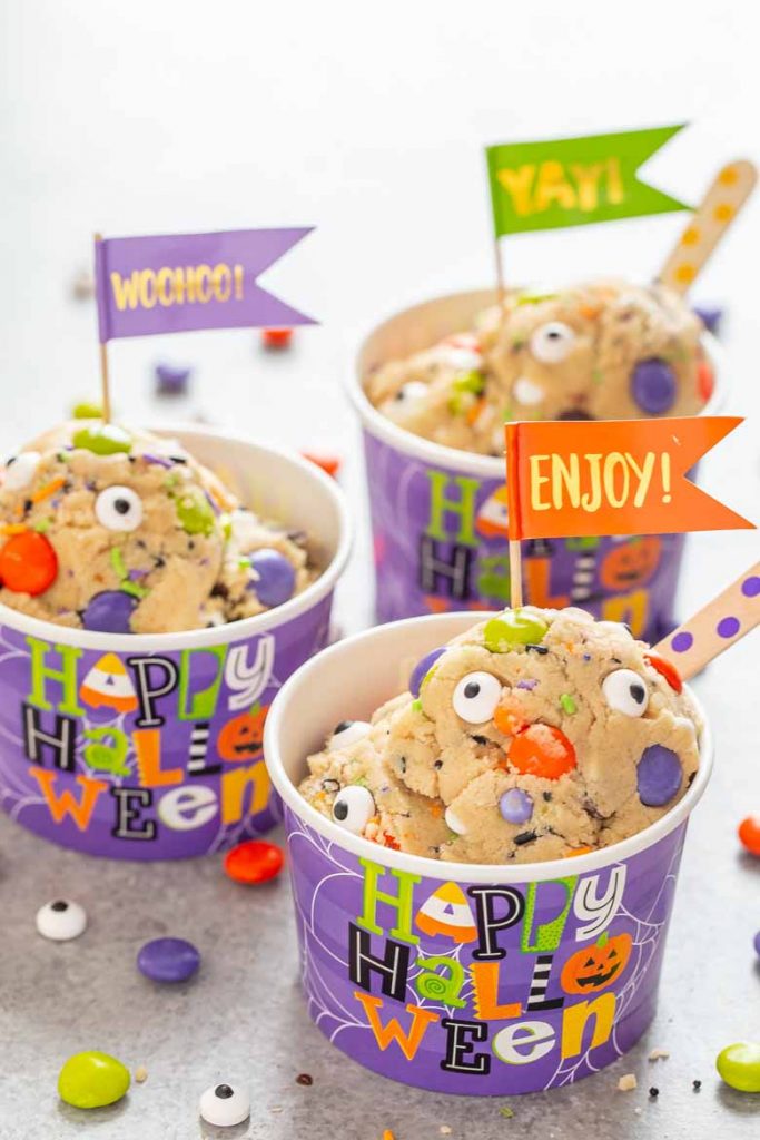 Monster Mash Halloween Edible Cookie Dough is egg free, packed with festive Halloween sprinkles and a spooky delicious way to enjoy dessert!