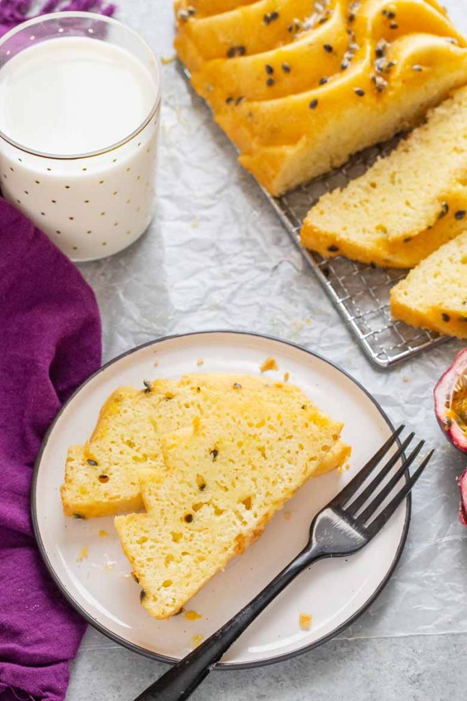 slice of Passion Fruit Coconut Loaf Cake