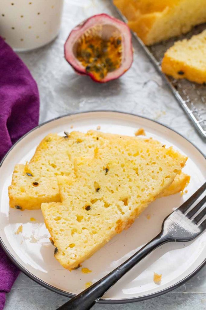 Slice of Passion Fruit Coconut Loaf Cake