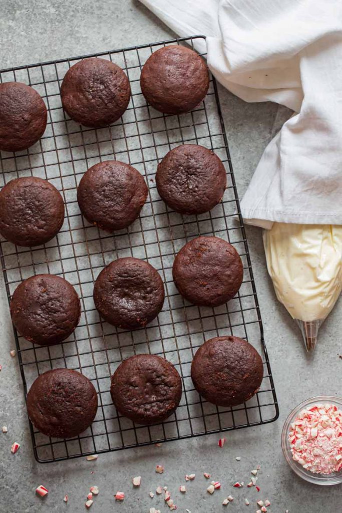 Chocolate Whoopie Pies waiting to be frosted with peppermint marshmallow buttercream frosting