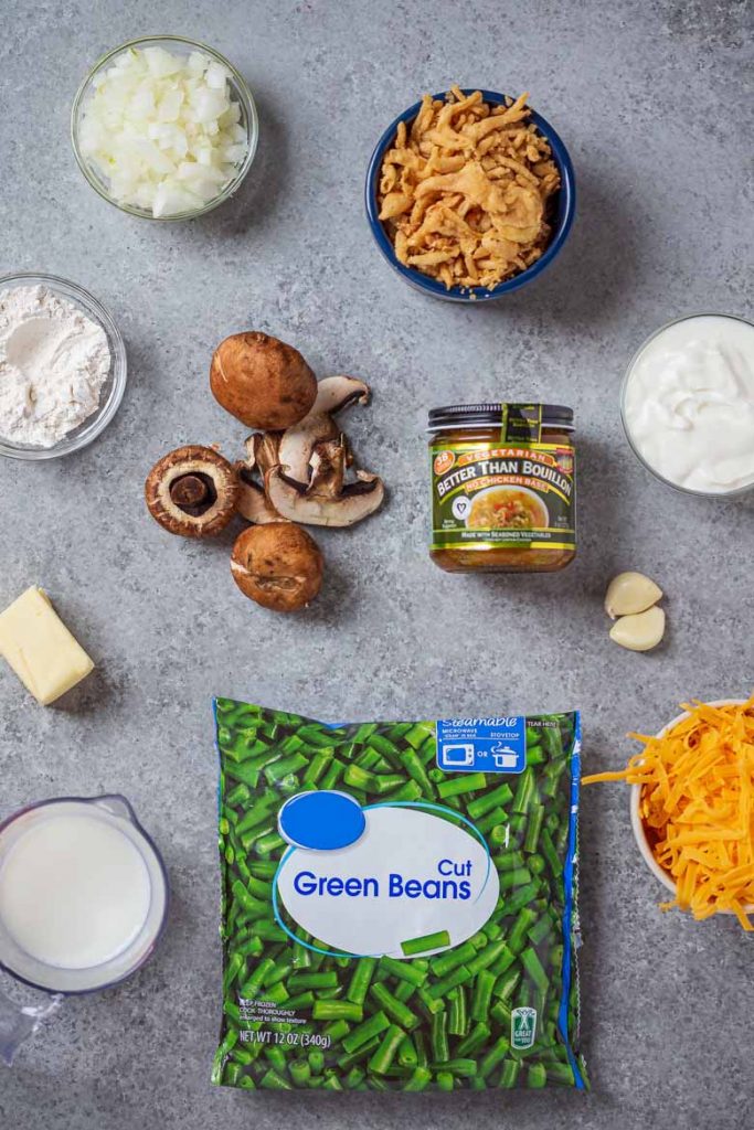 Ingredients for easy green bean casserole from scratch