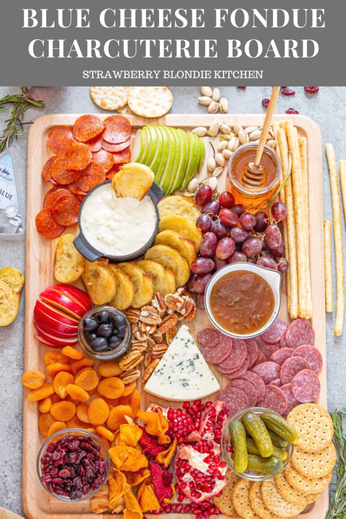 This easy Blue Cheese Fondue Charcuterie Board is super simple to put together and features a rich and creamy blue cheese fondue that contains no alcohol for the most deliciously cheesy dip! 