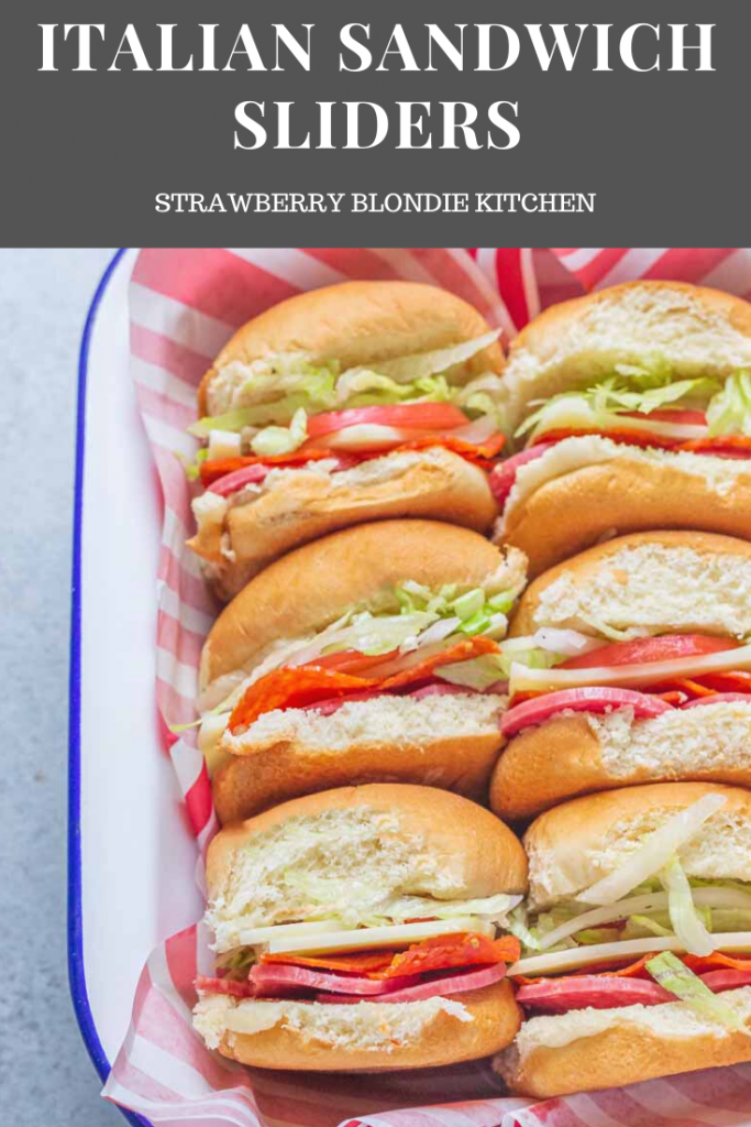 These Italian Sandwich Sliders are served cold, packed full of Salami, Pepperoni, provolone, lettuce, tomatoes and onions for fresh and delicious party sandwiches!