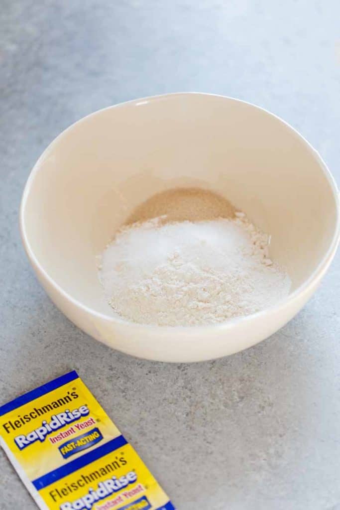Homemade pizza dough ingredients in a bowl