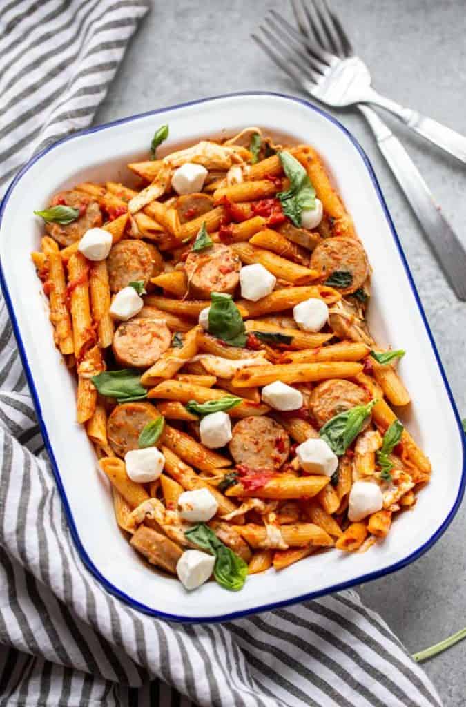 One pan of One Pot Chicken Sausage Caprese Pasta