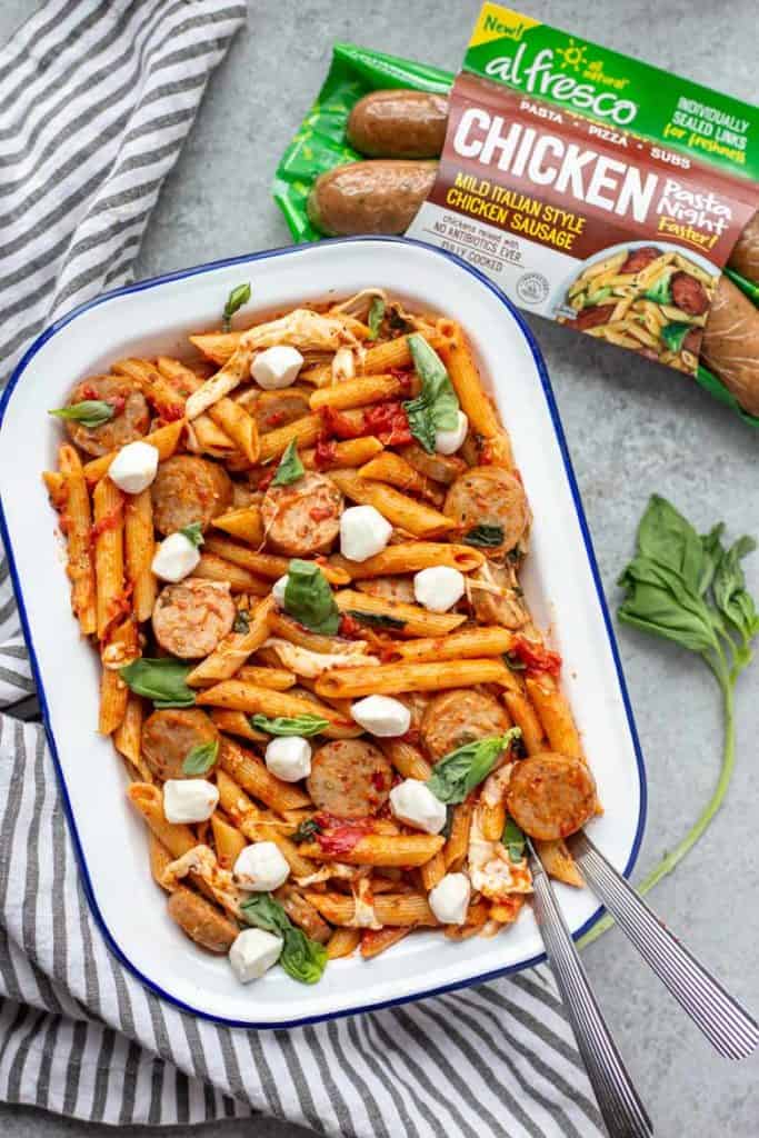 One Pot Chicken Sausage Caprese Pasta made with al fresco Pasta Night Mild Italian Style Chicken Sausage