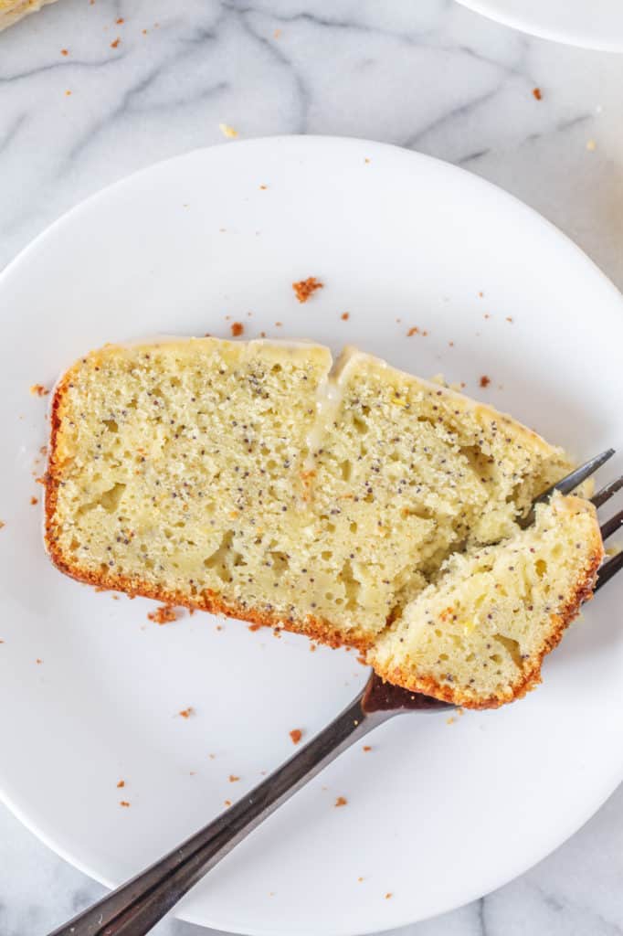 Single slice of Lemon Poppy Seed Loaf with Glaze