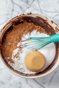 Combine dry ingredients into a bowl for Mocha Mint Mississippi Mud Brownies