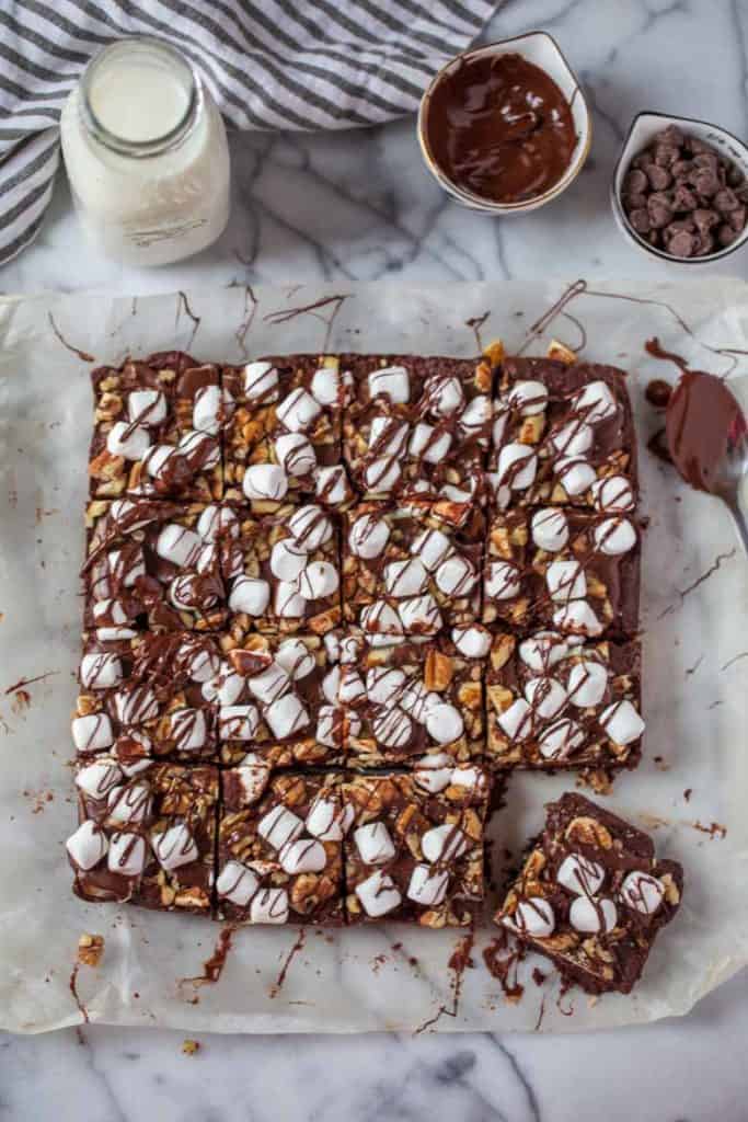 Mocha Mint Mississippi Mud Brownies cut into 16 squares