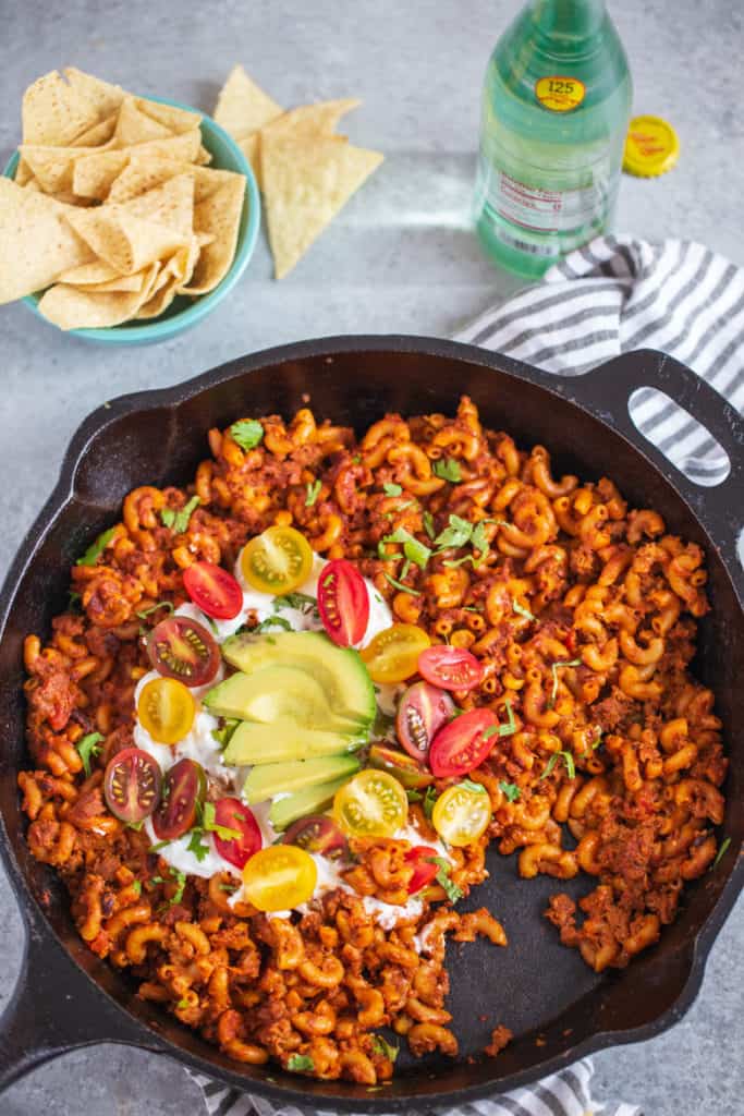 close up photography shot of Healthier One Pan Taco Pasta with 
