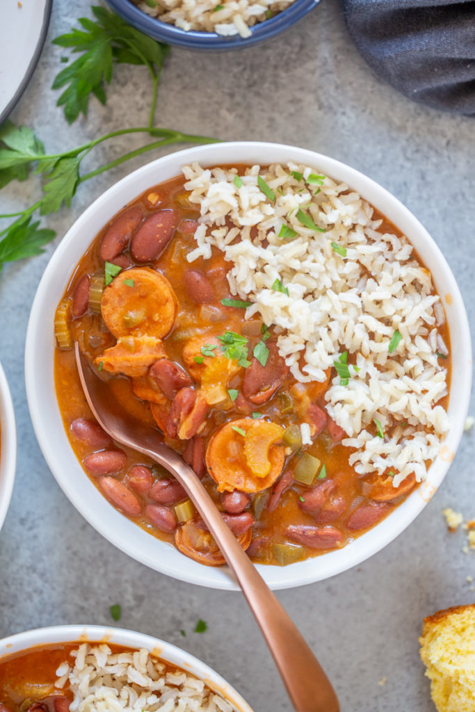 Close up shot of red bean and rice in a bowl with rice