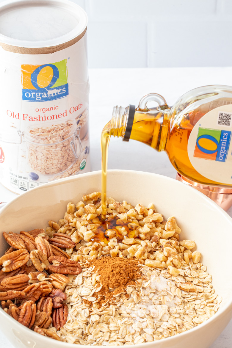 Add in walnuts, walnuts, maple syrup and extra virgin olive oil