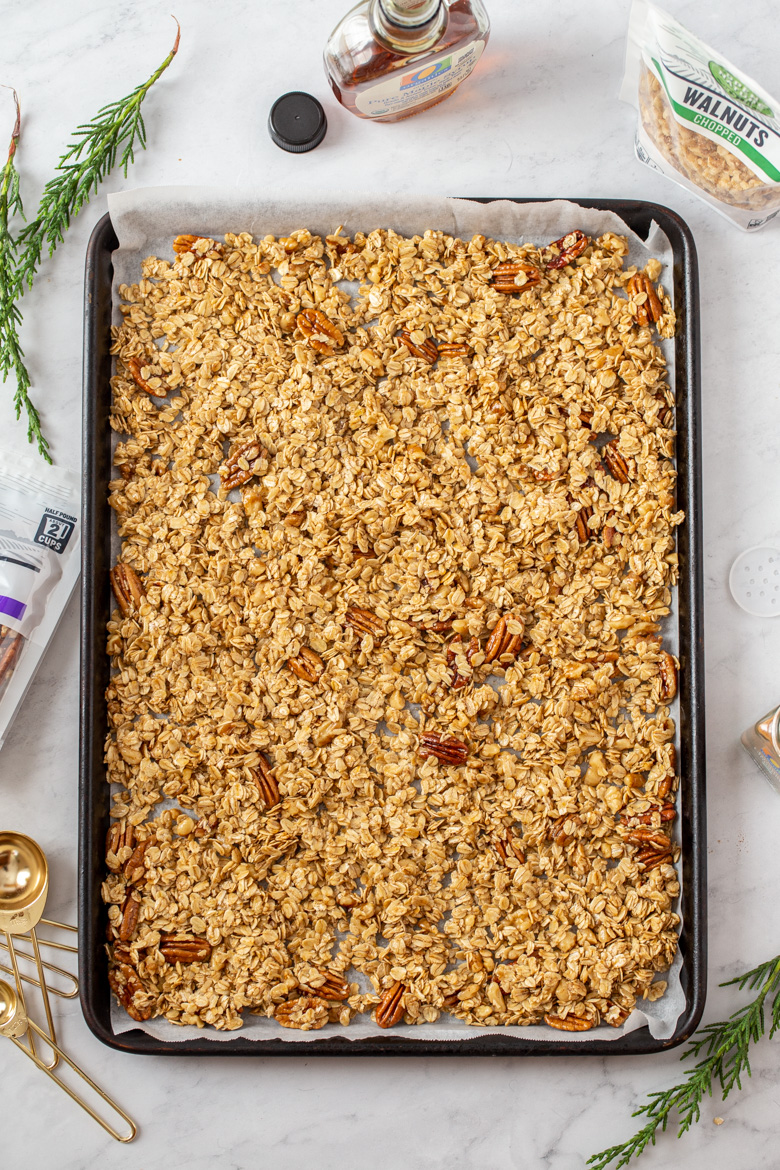Spread out onto baking sheet lined with parchment paper and bake for 20 minutes, stirring after 10 minutes