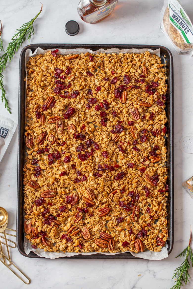 Once removed from oven, add in cranberries