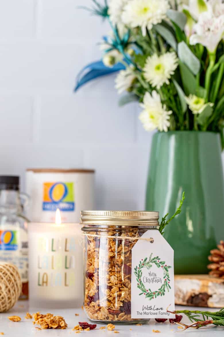 Homemade Baked Granola in a Jar with Merry Christmas gift tags