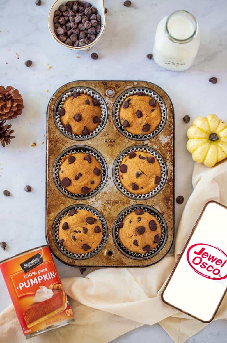 Pumpkin Chocolate Chip Muffins in a muffin tin with Jewel Osco logo and pumpkin puree