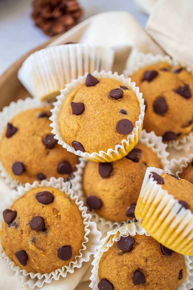 Close up shot of Pumpkin Chocolate Chip Muffins