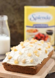 It's the holiday season and nothing could be more festive than a classic Gingerbread Loaf made with SPLENDA®. Aromatic spices, nutmeg cream cheese frosting and candied ginger pair perfectly with a nice hot cup of coffee to jump start your holiday shopping, caroling or gift wrapping on a joyous note. | Strawberry Blondie Kitchen