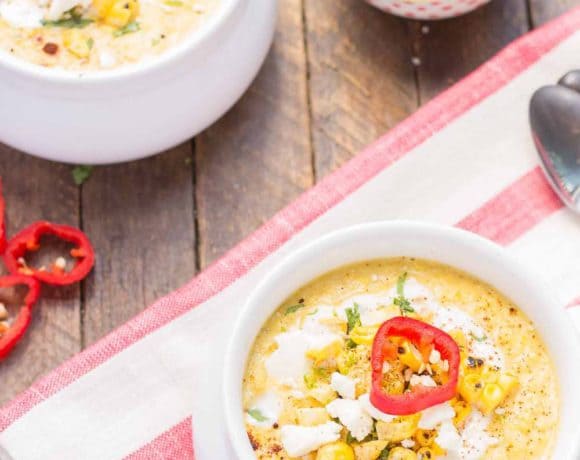 Combine all the flavors you love of Mexican Street Corn and blend them into a delicious summer soup. Sweet corn, lime, chili powder and cheese meld together beautifully to make this luscious and creamy Mexican Street Corn Chowder. | Strawberry Blondie Kitchen