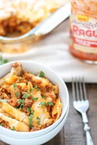 Baked Mostaccioli is loaded with ooey, gooey cheeses and packed with meat thanks to RAGÚ® Homestyle Thick & Hearty Meat Sauce. It's the perfect comfort food any night of the week and sure to become a family favorite! | Strawberry Blondie Kitchen