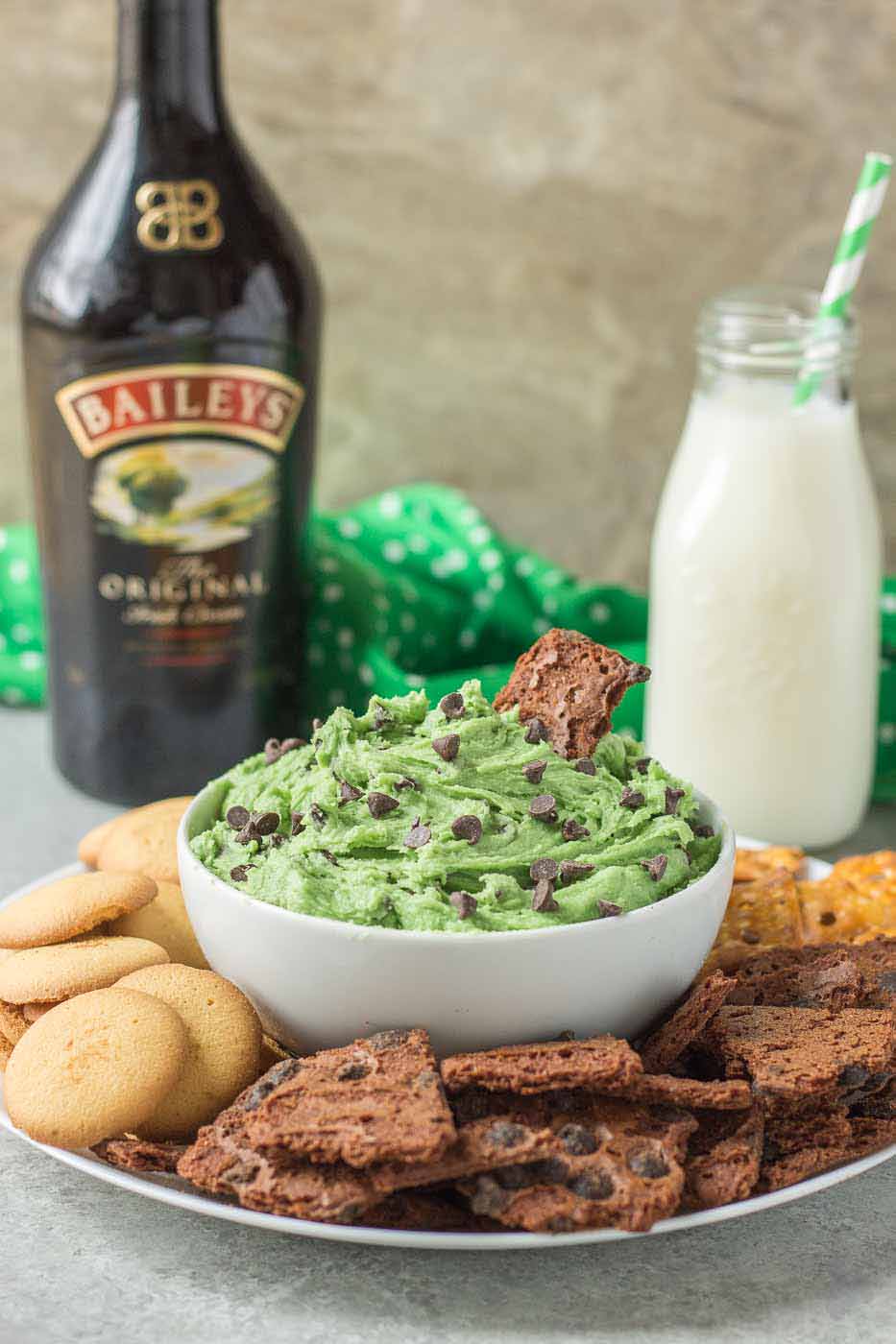 This Baileys Mint Chocolate Chip Dip is perfect for mint chocolate lovers and for when you need a tasty dessert for St. Patrick's Day! | Strawberry Blondie Kitchen