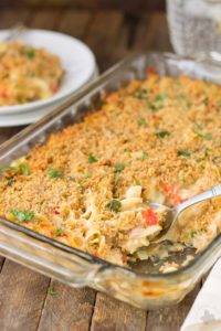 Delicious, creamy and made healthier with a few ingredient swaps, this Lightened Up Cheesy Tuna Noodle Casserole has all the flavors you loved from when you were a kid! | Strawberry Blondie Kitchen