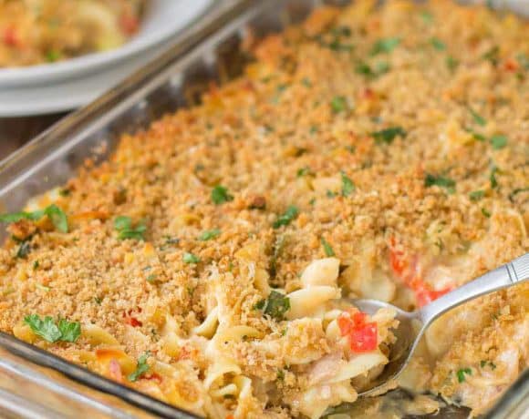 Delicious, creamy and made healthier with a few ingredient swaps, this Lightened Up Cheesy Tuna Noodle Casserole has all the flavors you loved from when you were a kid! | Strawberry Blondie Kitchen