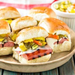 Chicago Italian Smoked Sausage Sliders feature Eckrich Smoked Sausage, provolone and giardiniera on a slider roll.  A twist on the classic sandwich, you'll love this bite sized version even more! | Strawberry Blondie Kitchen