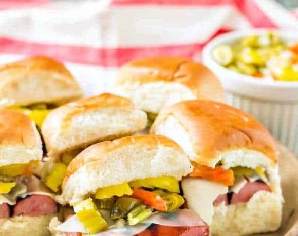 Chicago Italian Smoked Sausage Sliders feature Eckrich Smoked Sausage, provolone and giardiniera on a slider roll.  A twist on the classic sandwich, you'll love this bite sized version even more! | Strawberry Blondie Kitchen