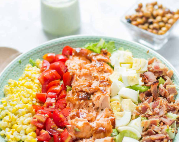 BBQ salmon cobb salad with Avocado Ranch Dressing is bursting with flavors to savor summer! Topped with a delicious crunch from ranch flavored chickpeas it's sure to be your next favorite salad! | Strawberry Blondie Kitchen