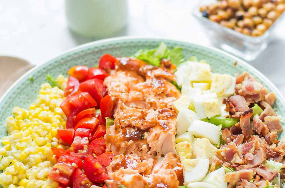 BBQ Salmon Cobb Salad with Avocado Ranch Dressing Strawberry Blondie