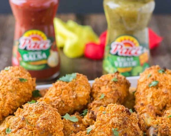 Ban the bland and make game day amazing by heading to Walmart to pick up some Pace® Salsa Verde! Then whip up these Nacho Drumsticks which are crunchy, delicious and a real crowd pleaser! | Strawberry Blondie Kitchen