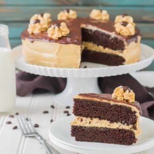 Rich chocolate espresso cakes are layered with Pillsbury™ Peanut Butter Frosting made with real Jif® Peanut Butter to create the ultimate cake lover’s dream! | Strawberry Blondie Kitchen
