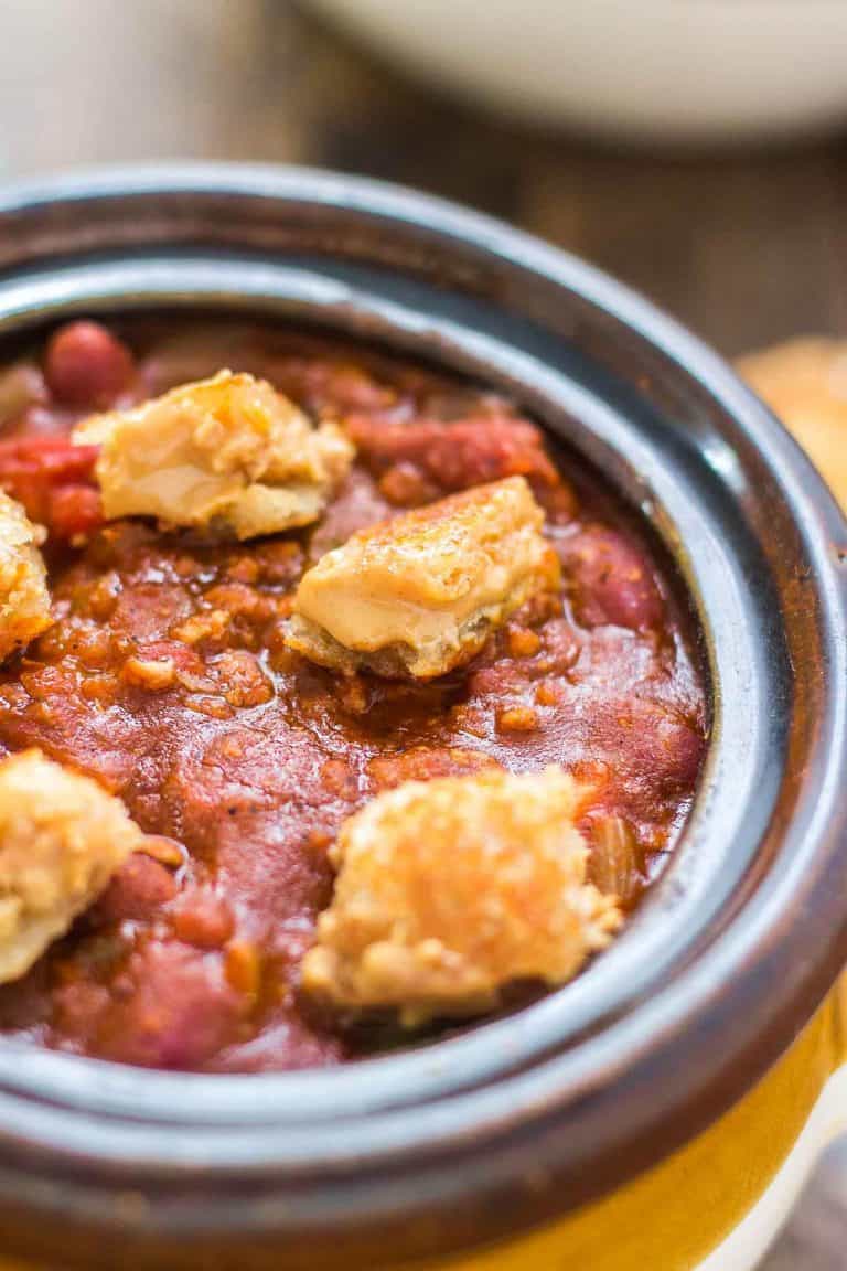 Crockpot Chili with Peanut Butter Sandwich Croutons Strawberry