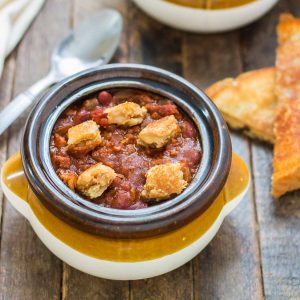 Crockpot Chili with Peanut Butter Sandwich Croutons combines your childhood favorite into one bowl of comforting chili to perfectly warm you to your core this crisp and cool Fall season!  | Strawberry Blondie Kitchen