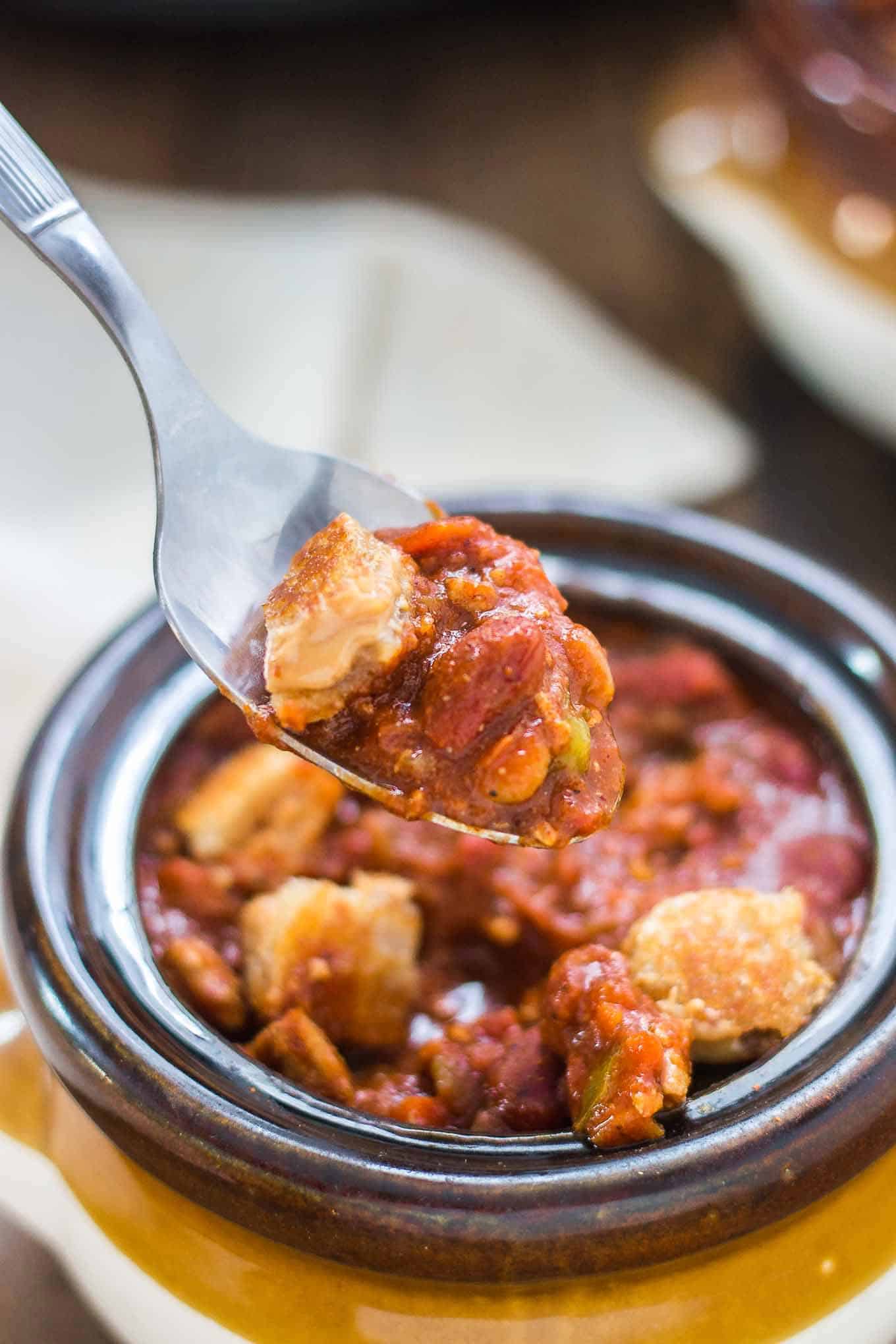 Crockpot Chili with Peanut Butter Sandwich Croutons Strawberry