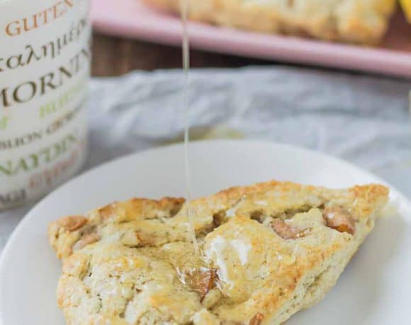 Soft and sweet, with pillows of pear and rich blue cheese and a drizzle of honey, these Pear and Blue Cheese Scones are the perfect pair with your morning cup of coffee! | Strawberry Blondie Kitchen