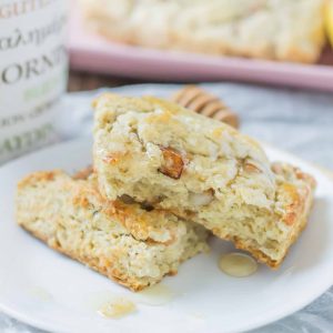 Soft and sweet, with pillows of pear and rich blue cheese and a drizzle of honey, these Pear and Blue Cheese Scones are the perfect pair with your morning cup of coffee! | Strawberry Blondie Kitchen