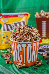 Rocky Road to Victory Popcorn is a game day lovers dream.  Rich chocolate, salty popcorn and bits of candy pieces make this popcorn mix a must have at your next home gate! | Strawberry Blondie Kitchen