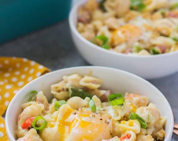 Breakfast Macaroni and Cheese with runny egg