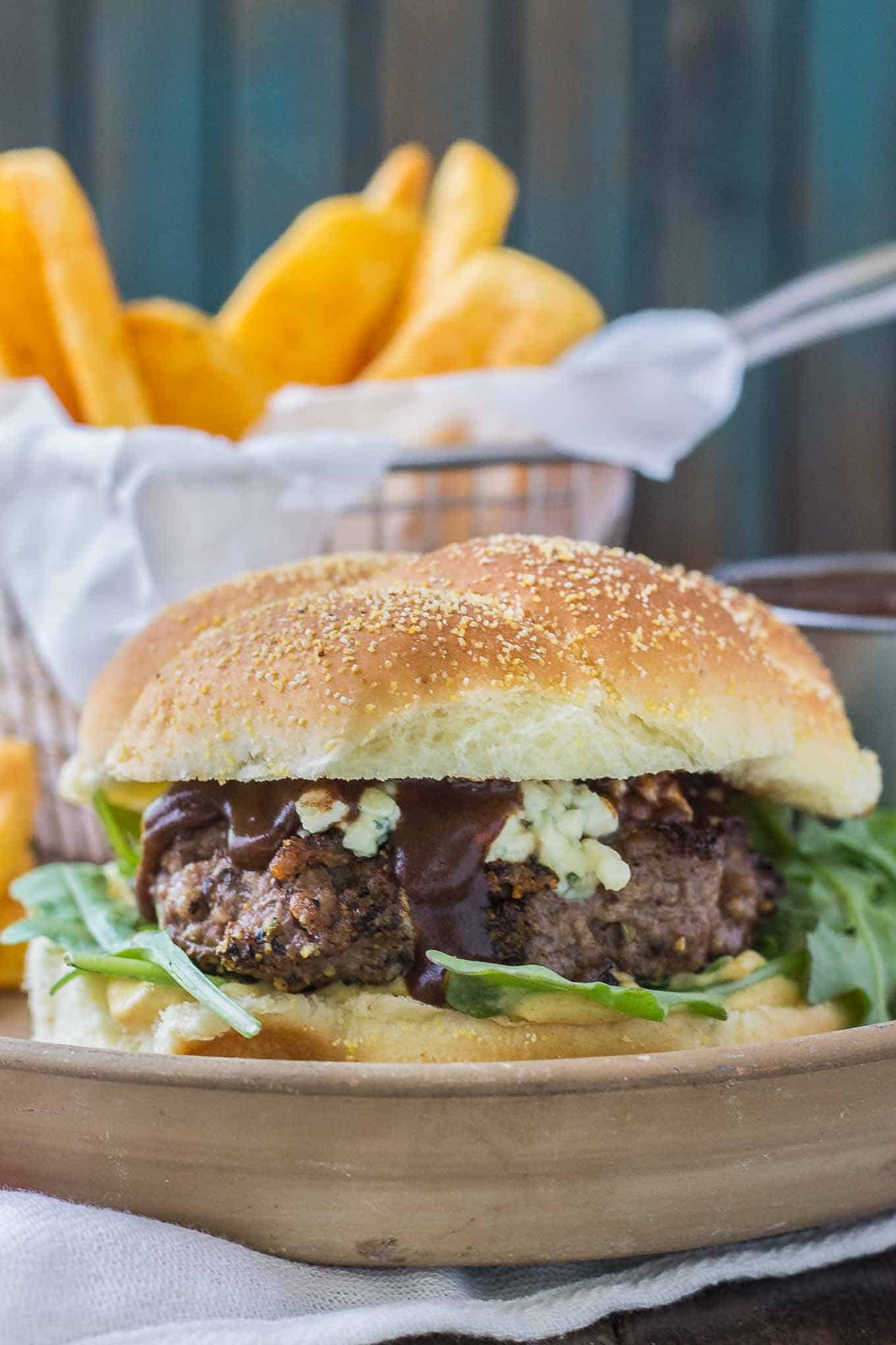 Peppercorn Blue Cheese Burgers with Cherry Sauce Strawberry Blondie
