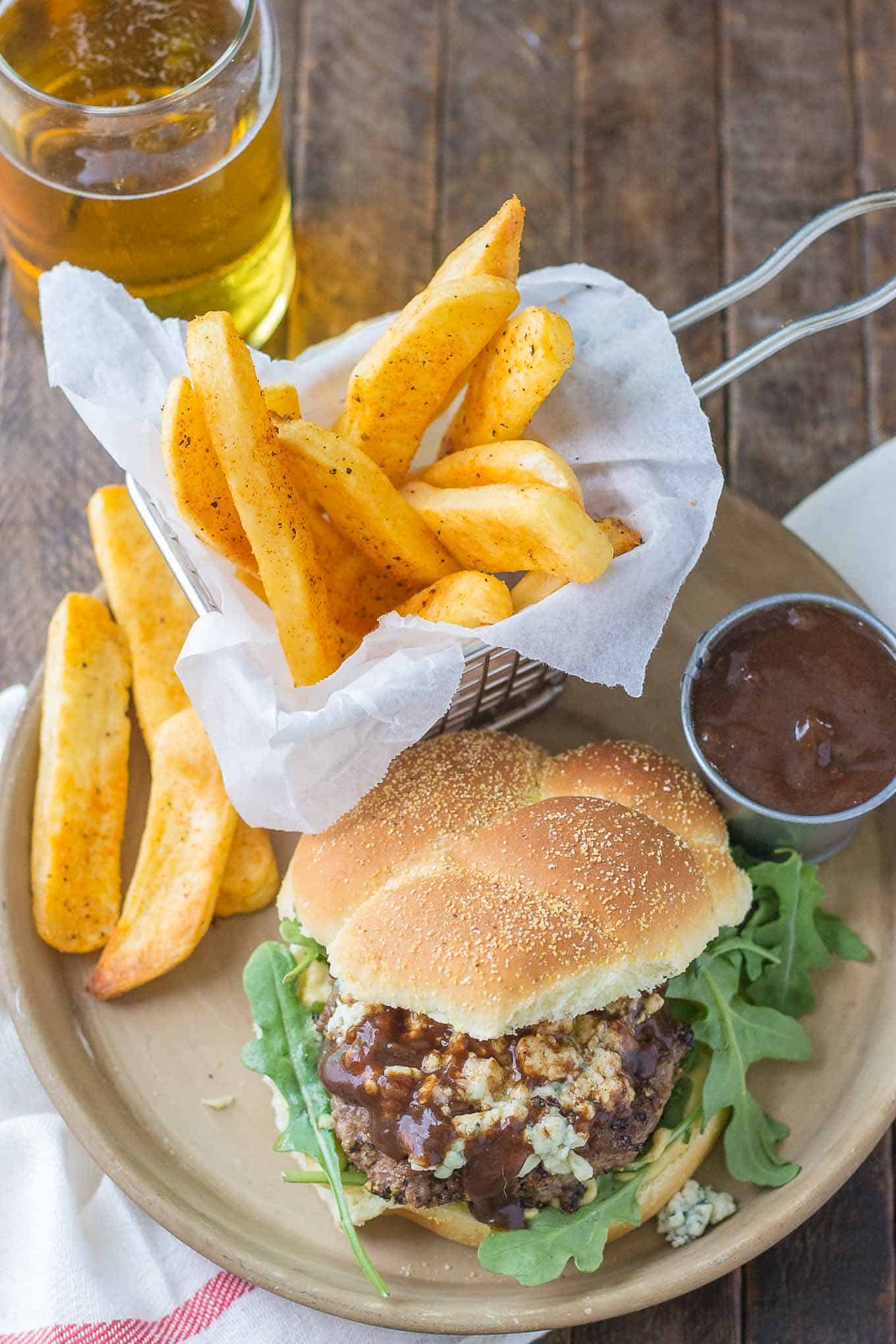 peppercorn blue cheese burgers with cherry sauce