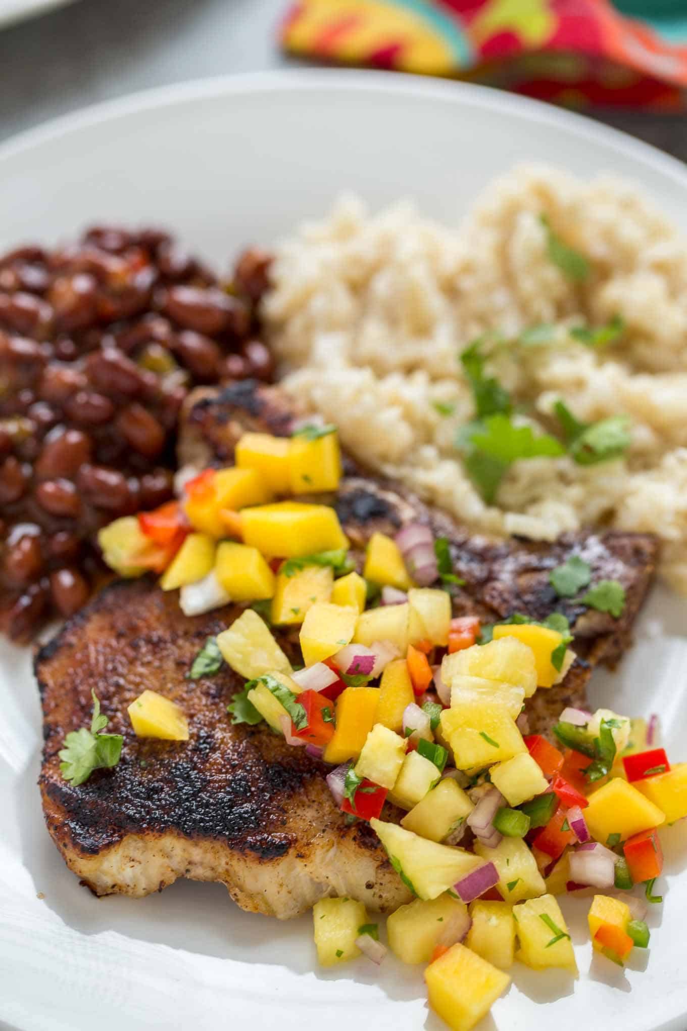Caribbean Pork Chops with Mango Pineapple Salsa Strawberry Blondie