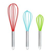 Set of 3 Multi-Color Silicone whisks with stainless steel handles. 